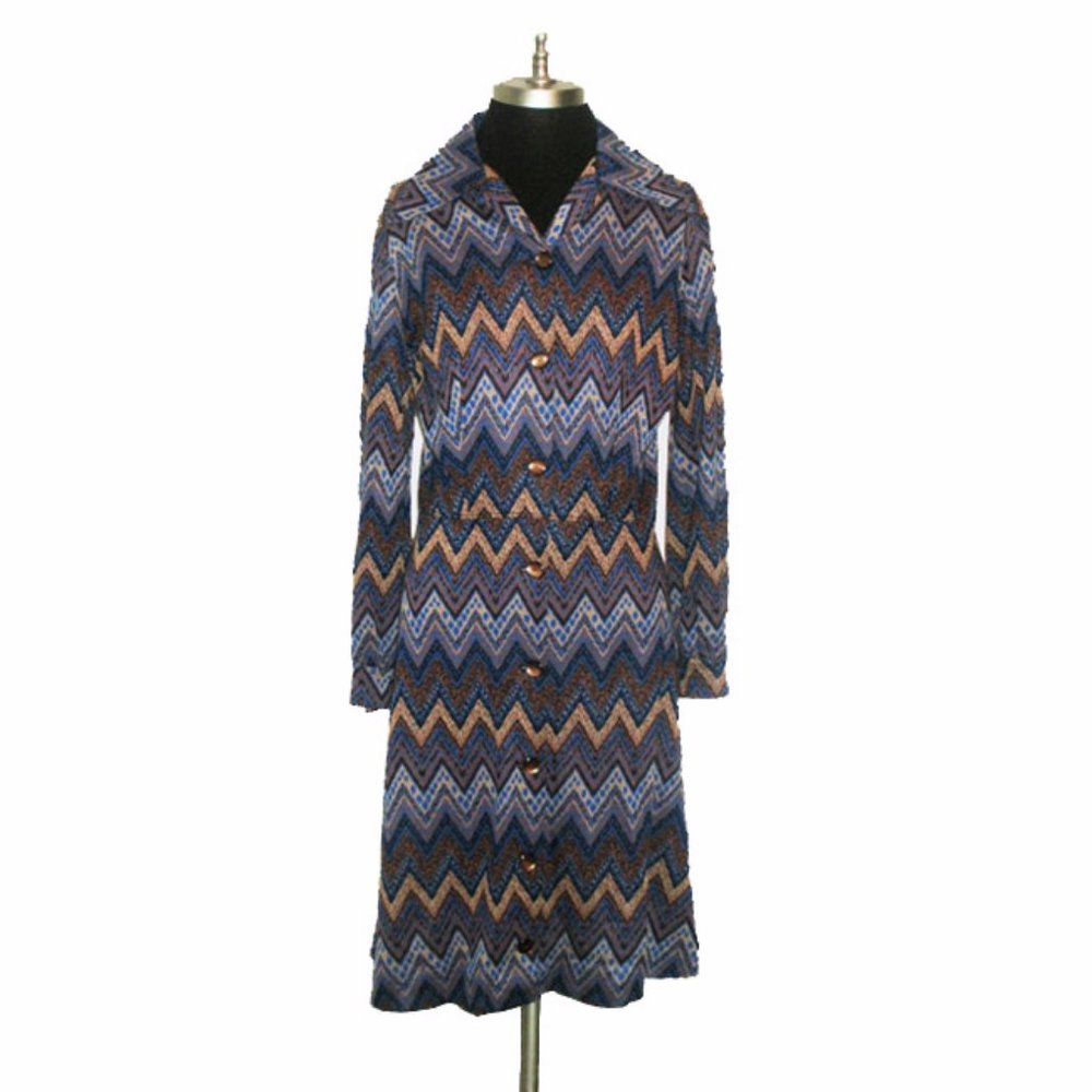 Vtg 70s Sweater Knit Button Front Zig Zag Dress M